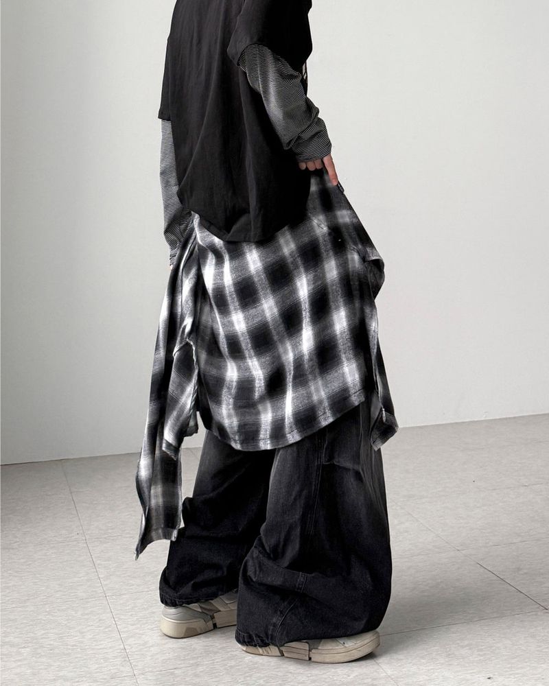 Check Skirt Layered Denim