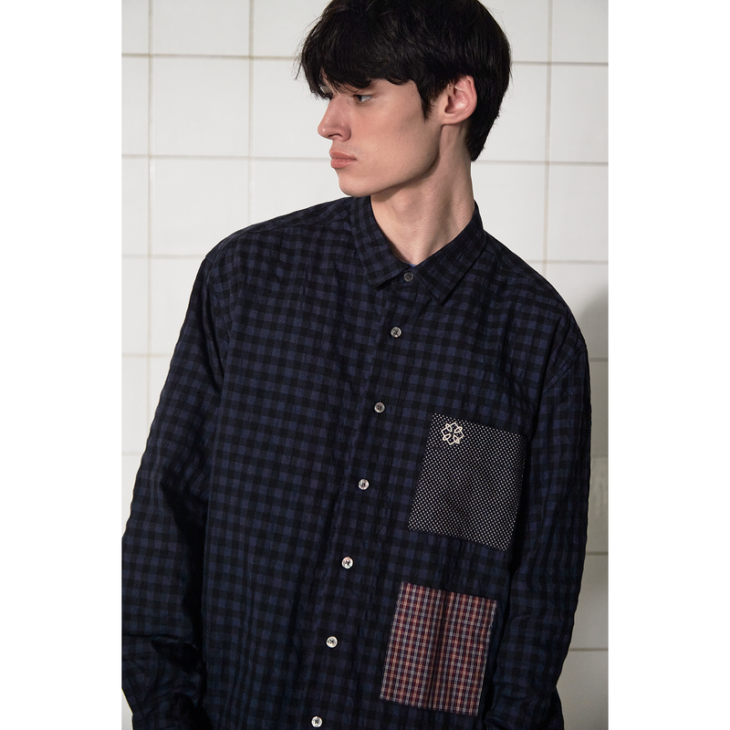 POCKET GINGHAM CHECK SHIRT / NAVY