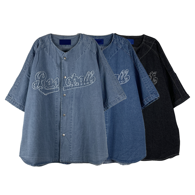 Baseball denim short-sleeved shirt