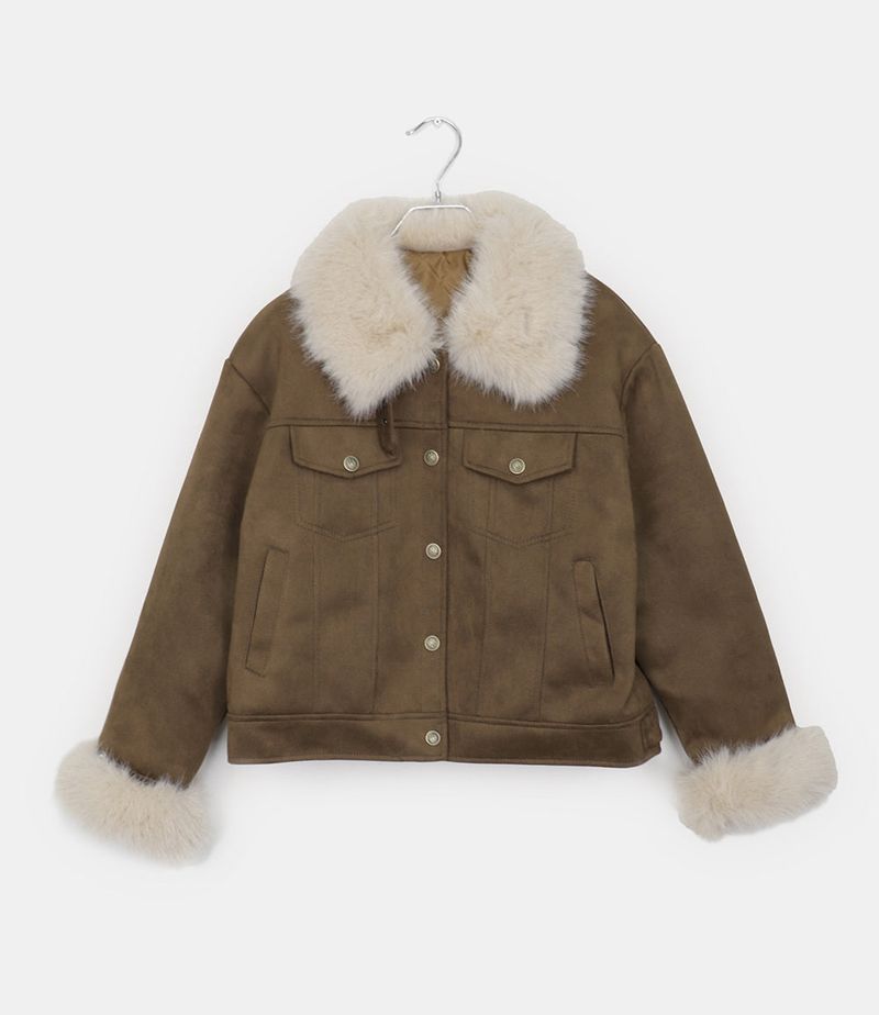 Dyuni Suede Quilted Buckle High-Neck Faux Fur Jacket