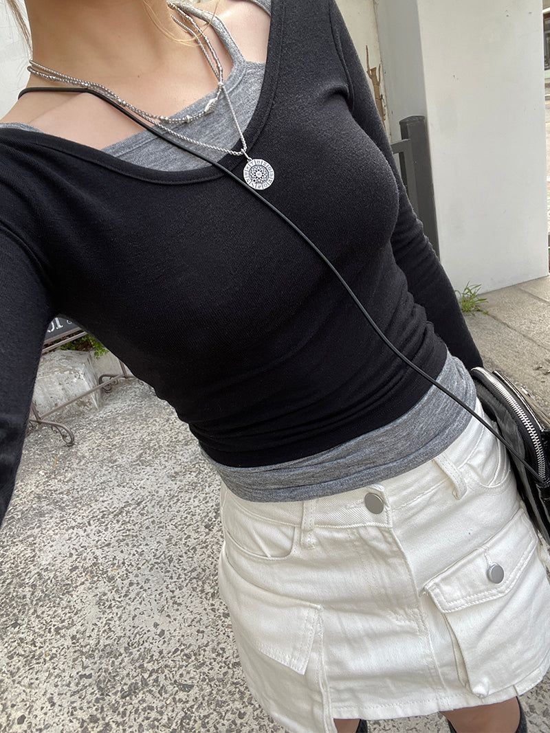 Daily U-neck Tee Layered Sleeveless Set