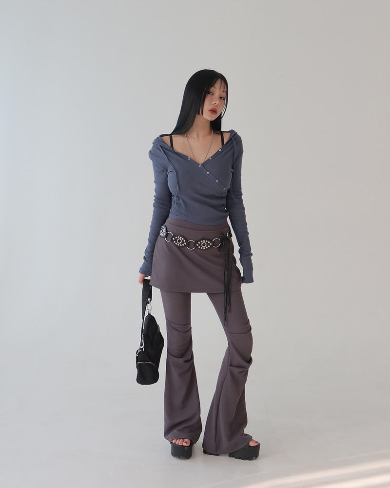 Hood Diagonal Snap Button Wrap T-Shirt