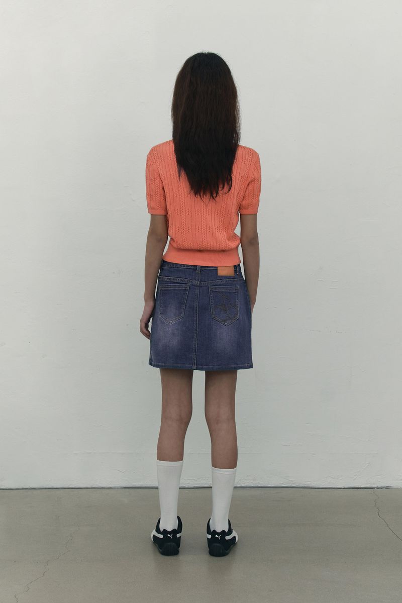 CHERRY DENIM PLEATS MINI SKIRT [BLUE]