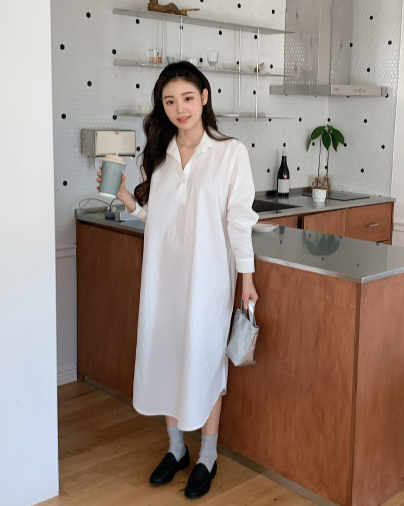 Pure Daily Cotton Shirt Long Dress + String Set (4color)