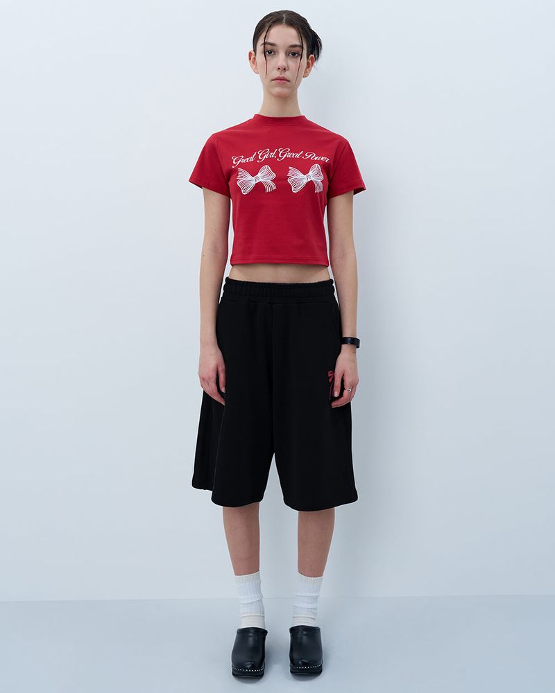 PINK RIBBON LOGO HALF PANTS-BLACK