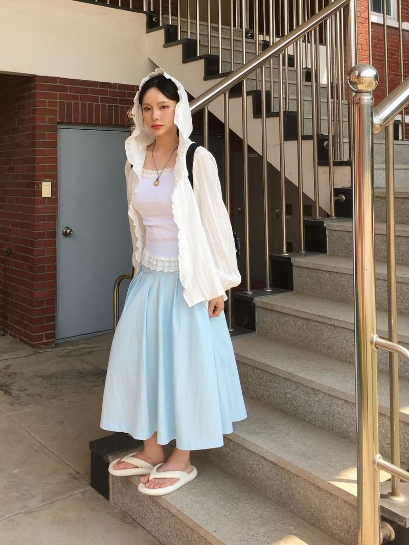 Button Minimal Pin-tuck Sagging Skirt (3c)