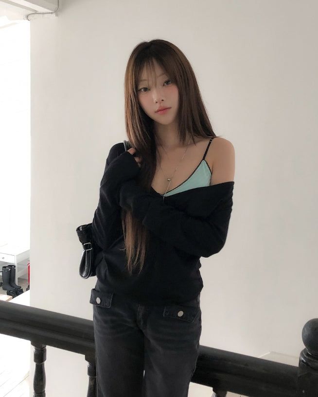 Melting See-through Deep V-Neck Ribbed Long Sleeve