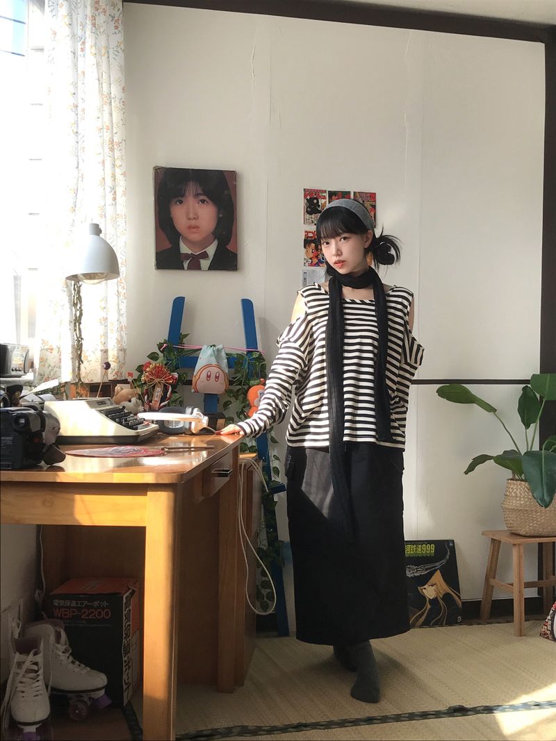 shoulder slit loose stripe long sleeve