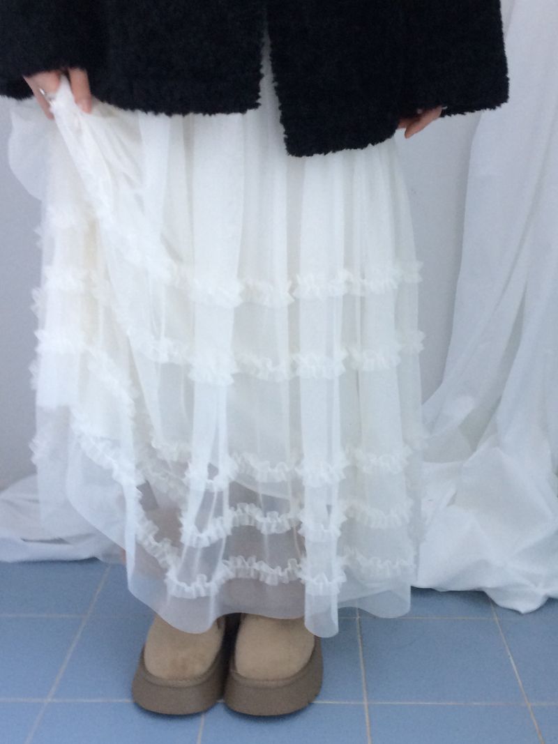 Cloud chiffon frill long skirt