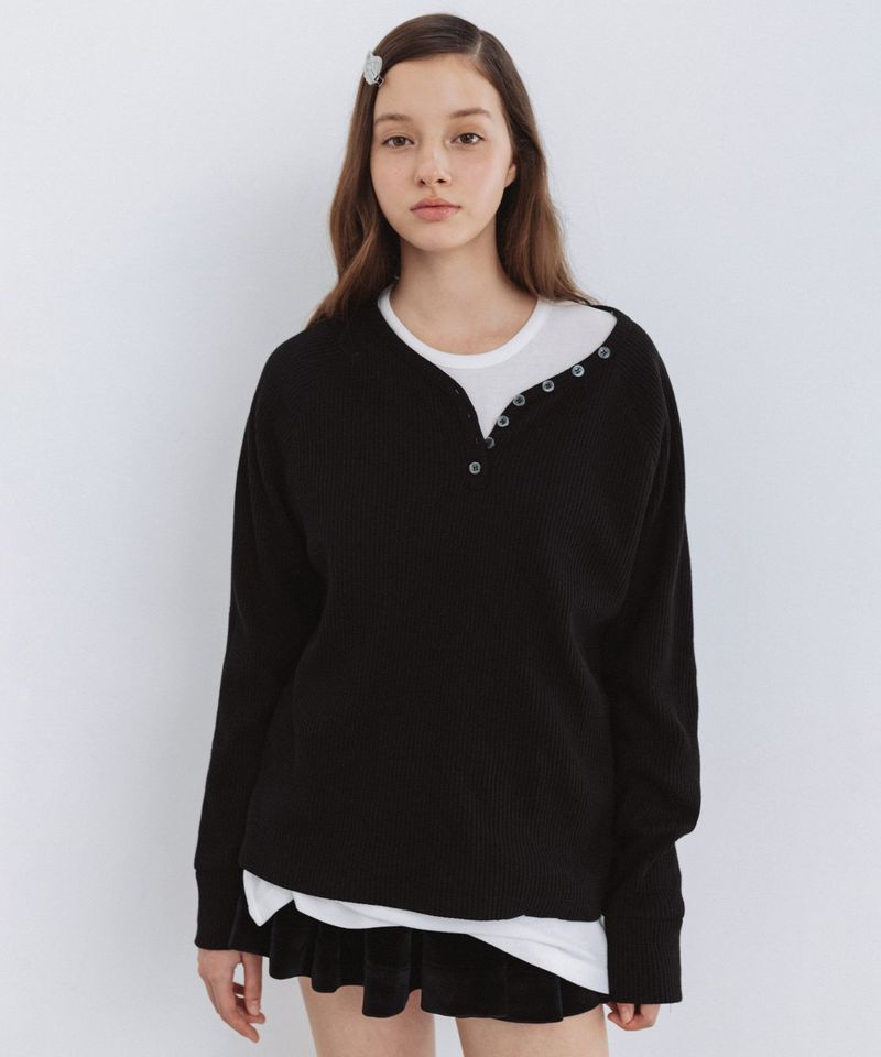BUTTON BOXY WAFFLE T-SHIRT_TT5S214
