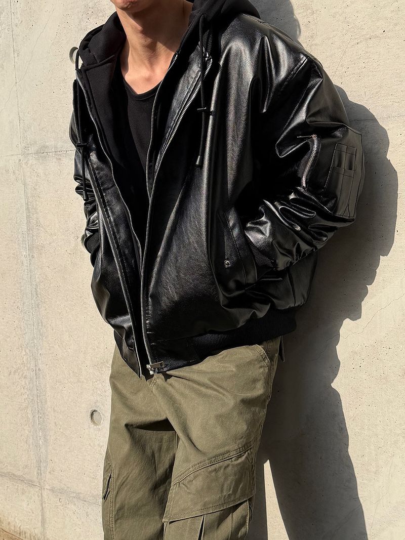 Hood layered leather blouson(3color)