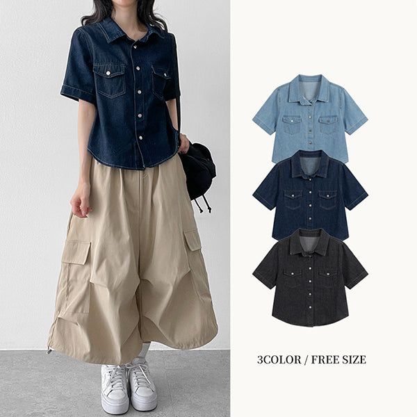 hijjoo（ハイチュー）の「スリムフィットショートスリーブデニムシャツ ステッチポイントカラーブルーシャツ (3 colors)（トップス）」