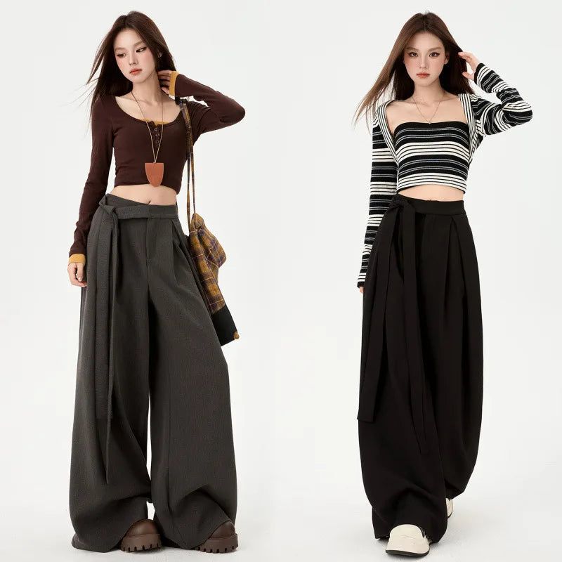 Gray Draped High Waist Wide Leg Slacks