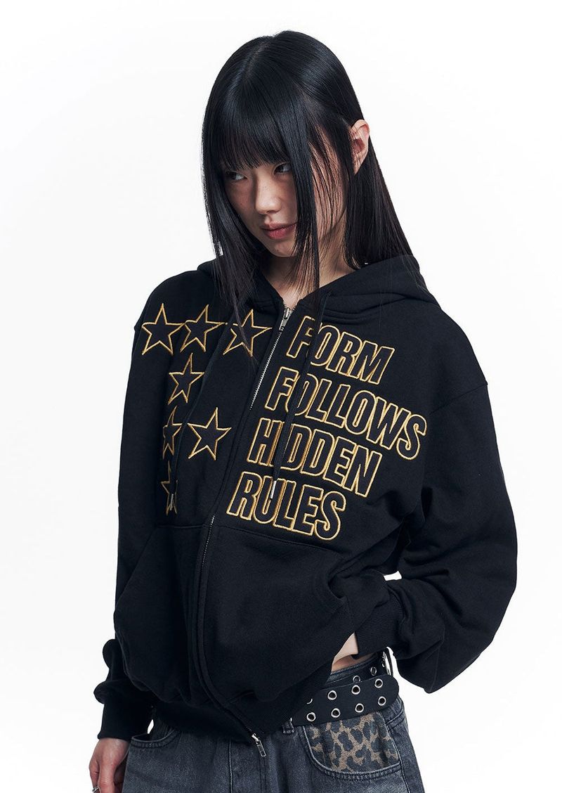 Star Lettering Patch Hoodie Zip-Up - Black