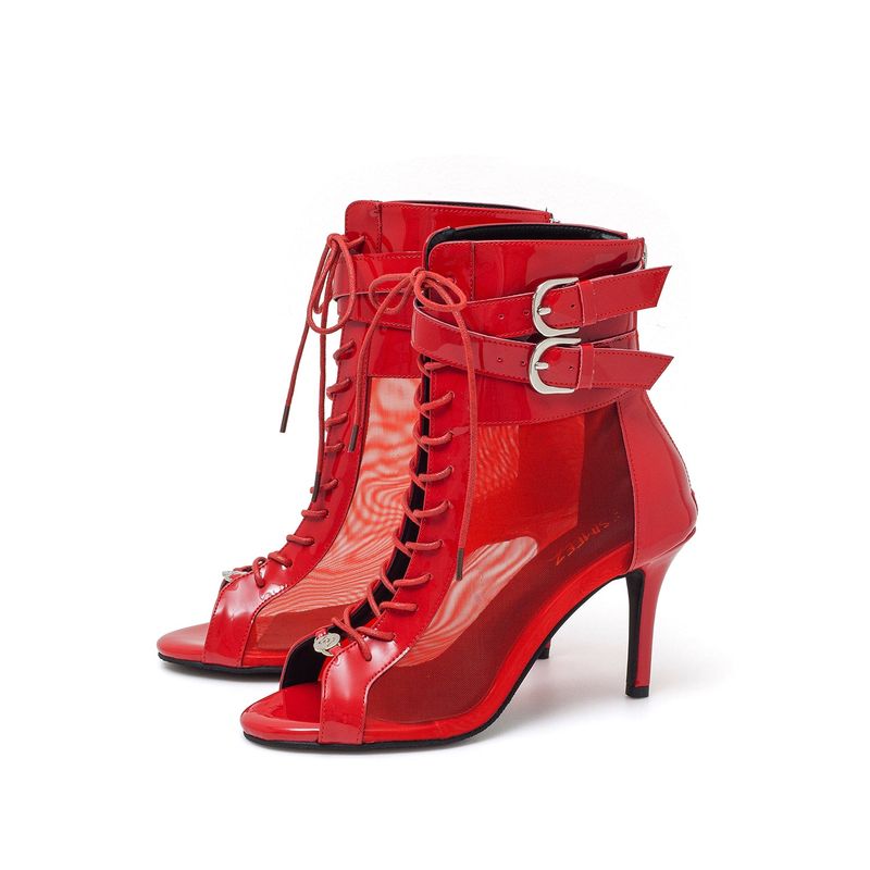 Sheer Buckle Lace-Up Open Toe Heel(Red)