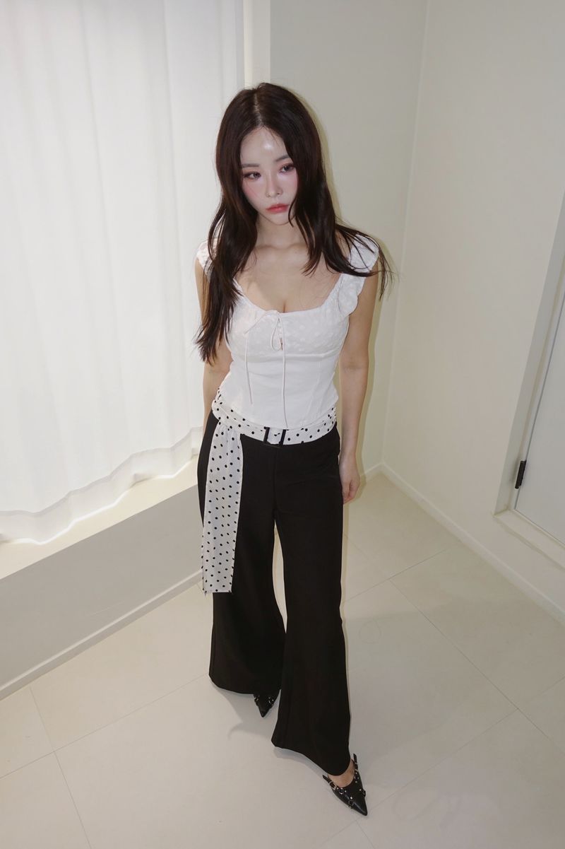 Dot Scarf Belt Long Slacks Pants