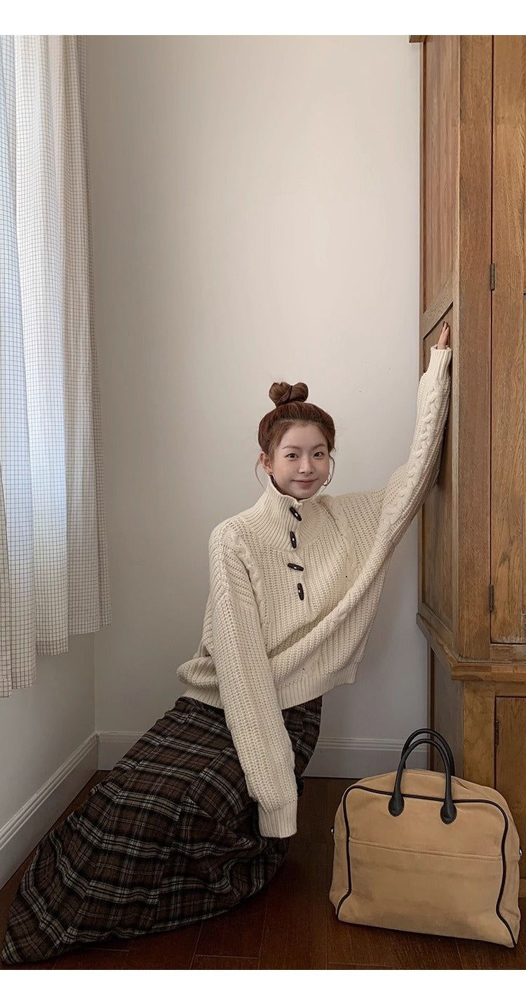 high-neck button bold ribbed loose fit knitwear