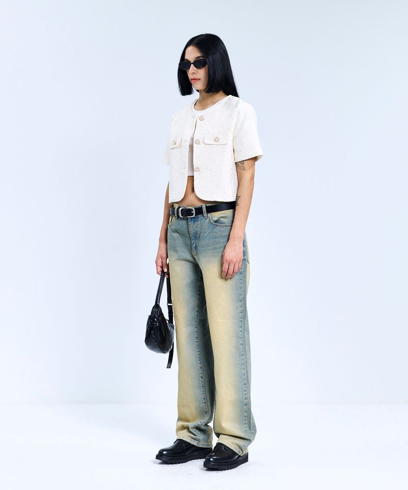 85-VIVAJ055 Textured Round Crop Tweed Half Jacket White