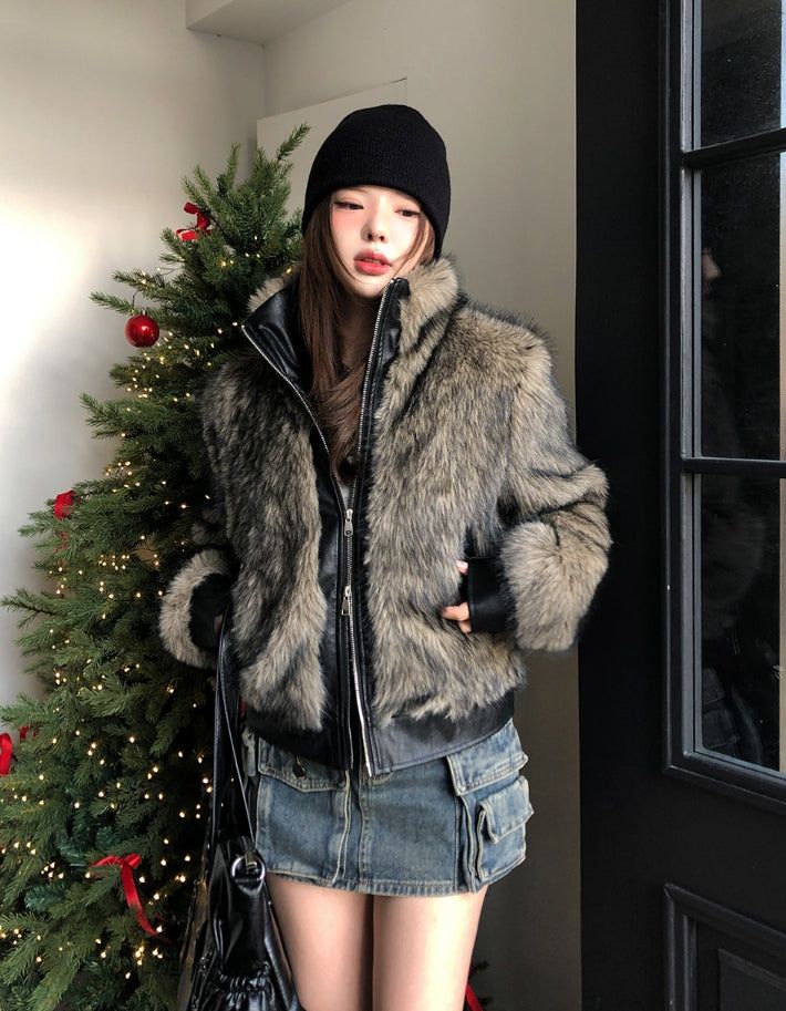 Casey High Neck Leather Fur Jumper