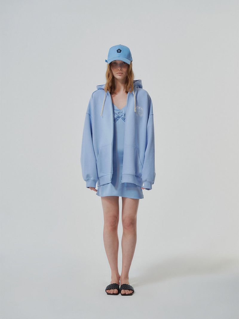HEAVY WEIGHT OVERFITTED UNIVERSITY LOGO EMBROIDERY HOODIE ZIP UP_ SKY BLUE