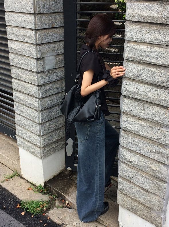 デロン デニム ウォッシング バンディング スナップ ワイド パンツ