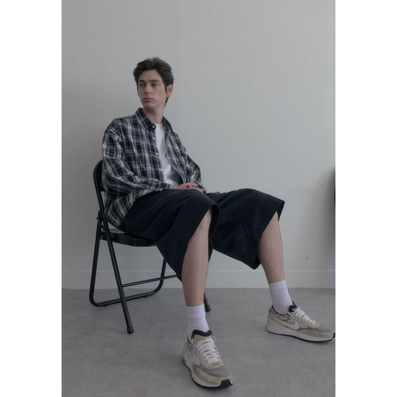 Vintage Washing gray blue check shirts