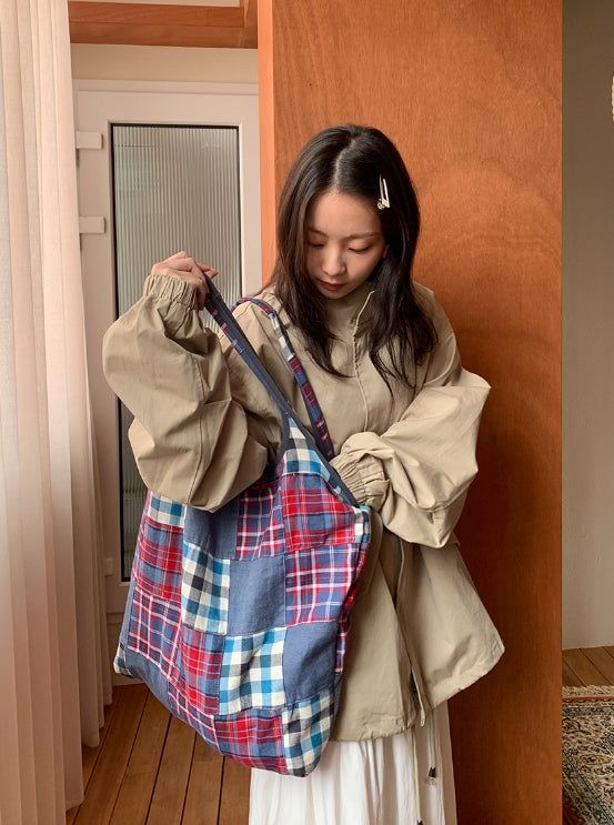 Zmeb Cotton Check Patchwork Shoulder Bag