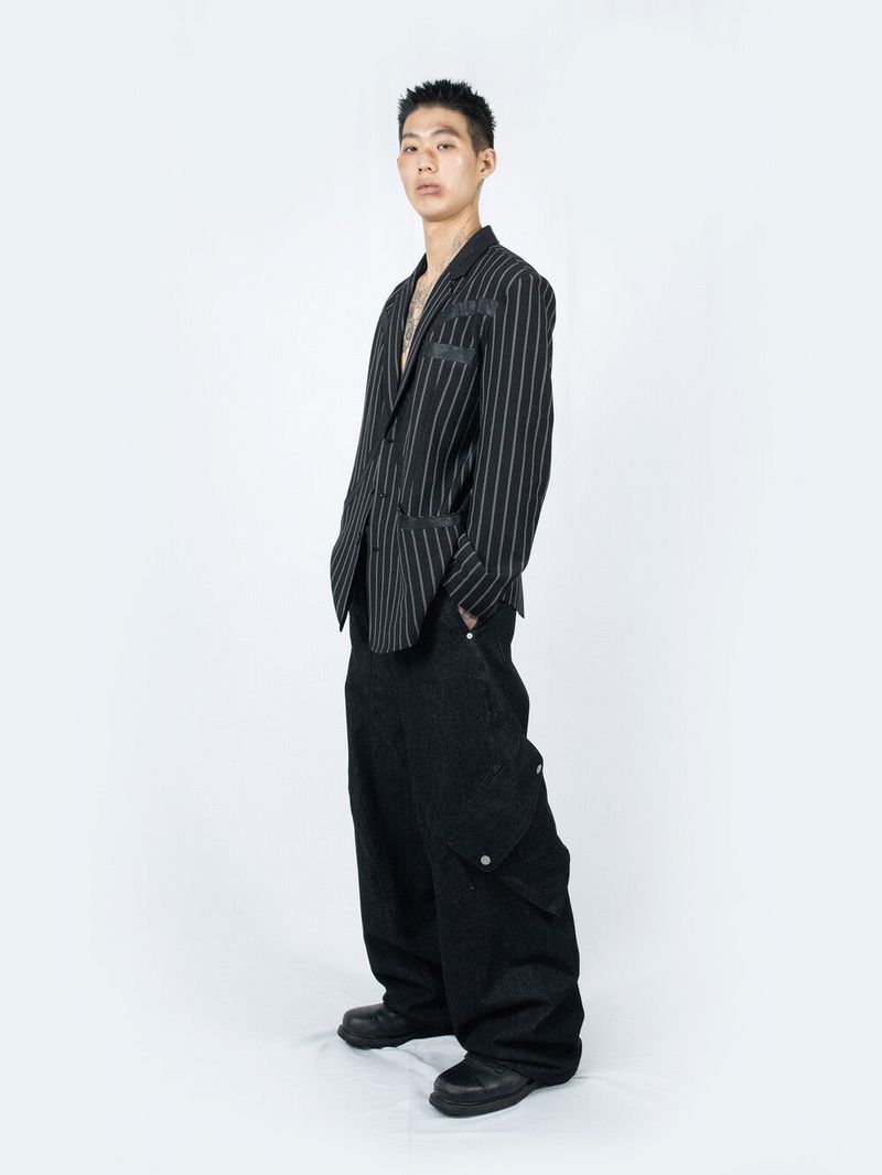 Circle Leather Patch Blazer (Black Stripe)