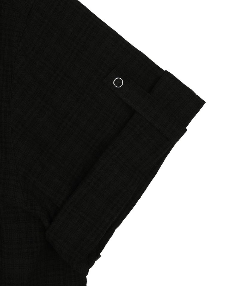 Texture Crop Roll-Up Check Short Sleeve Shirt - Black