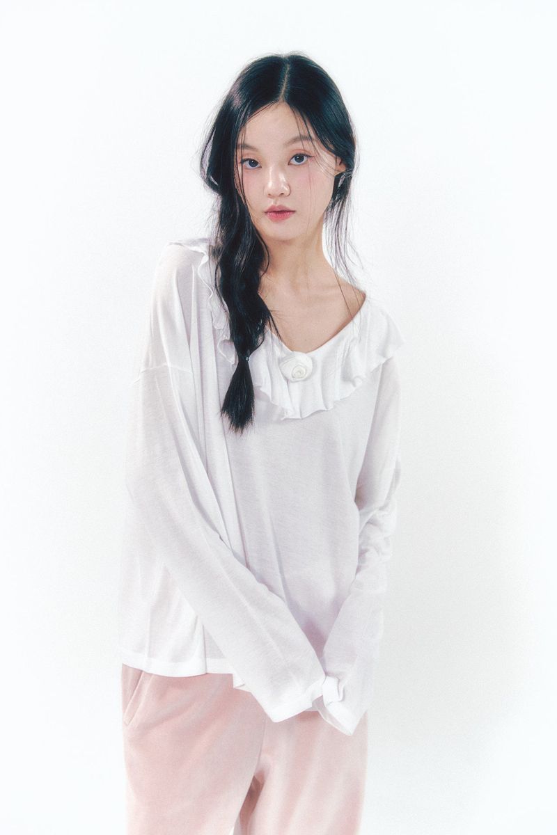Rose Brooch Frill Long Sleeve White
