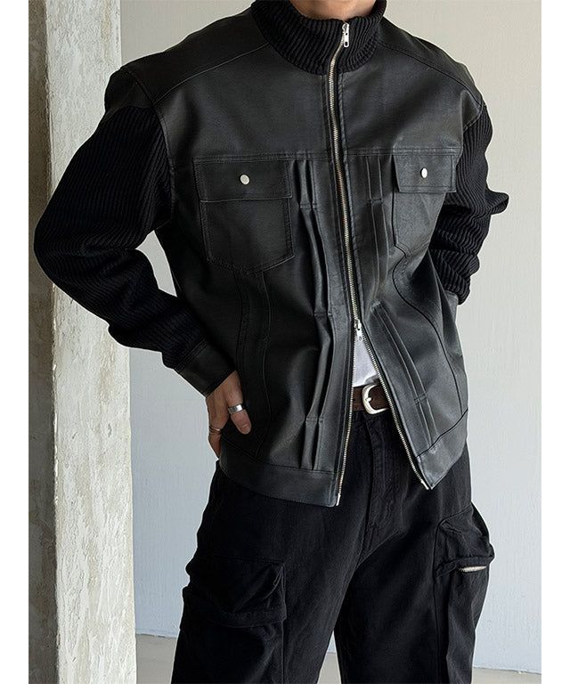 [F/W] Rough knit leather jacket