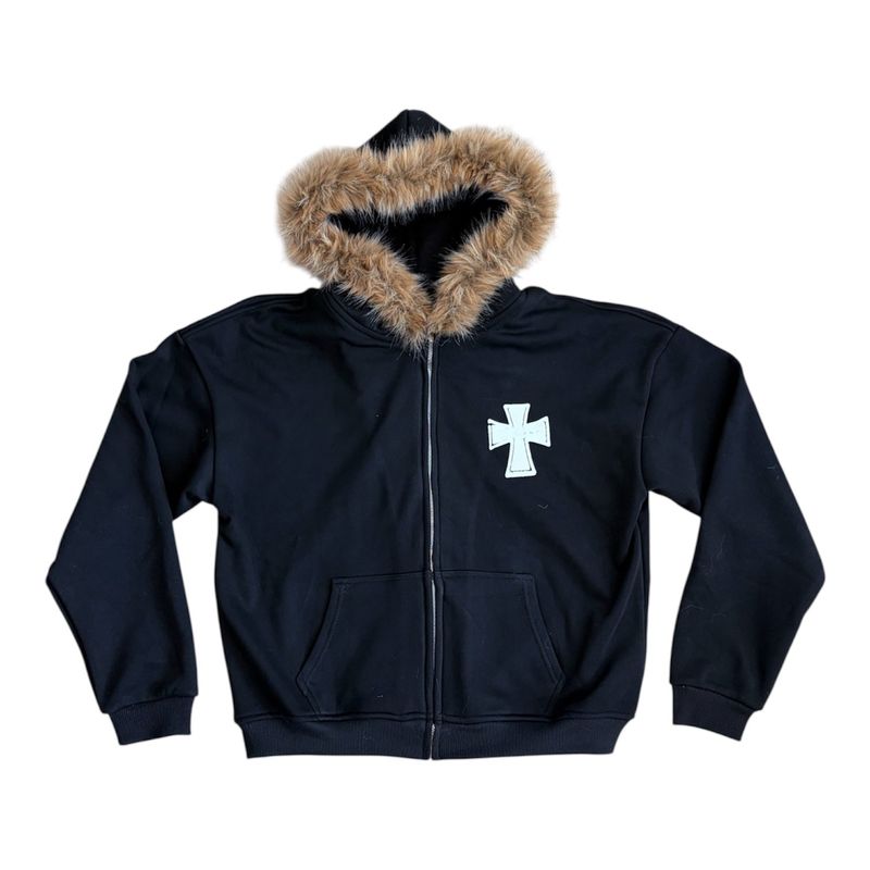 Cross fur hood jumper