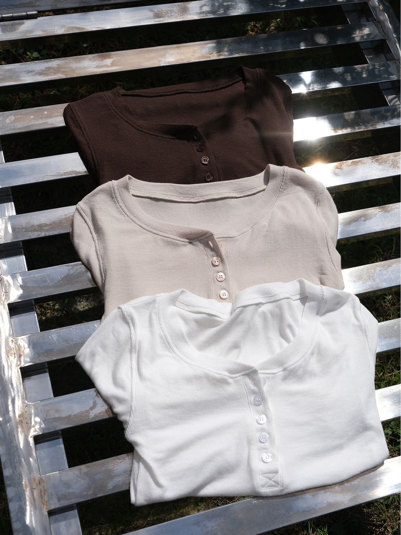 3/4 Rib Henley Neck Button T (Oatmeal)