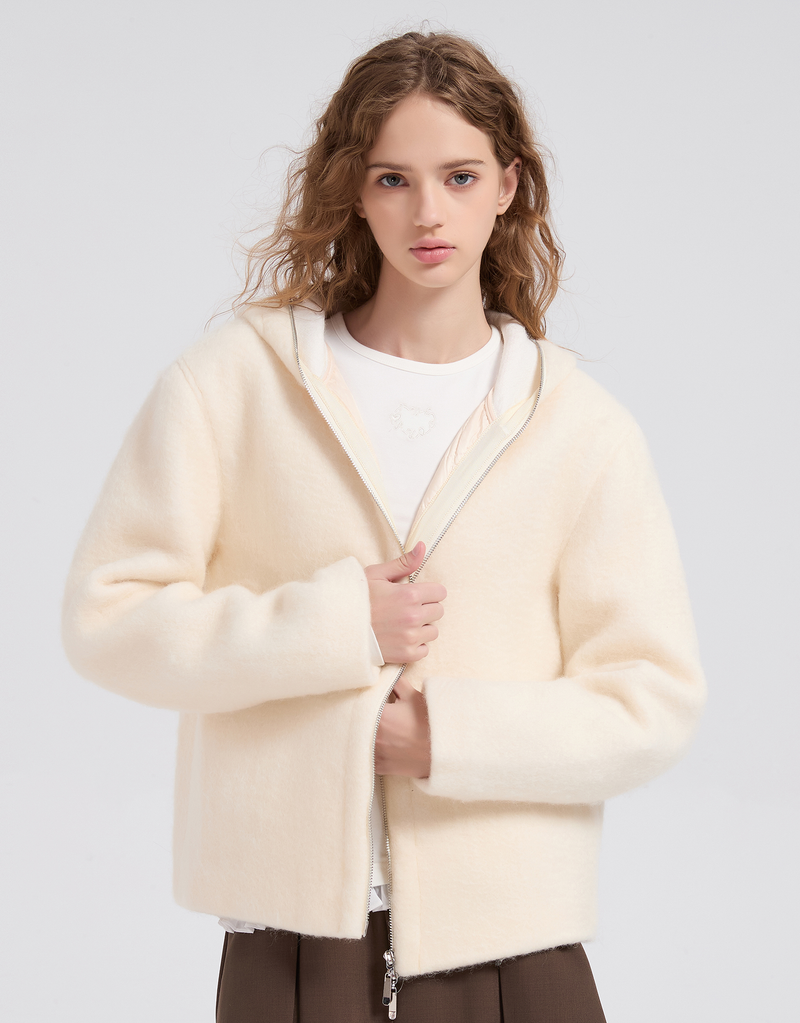 Roarin Oversized Hood Zip-Up Quilted Coat Ivory