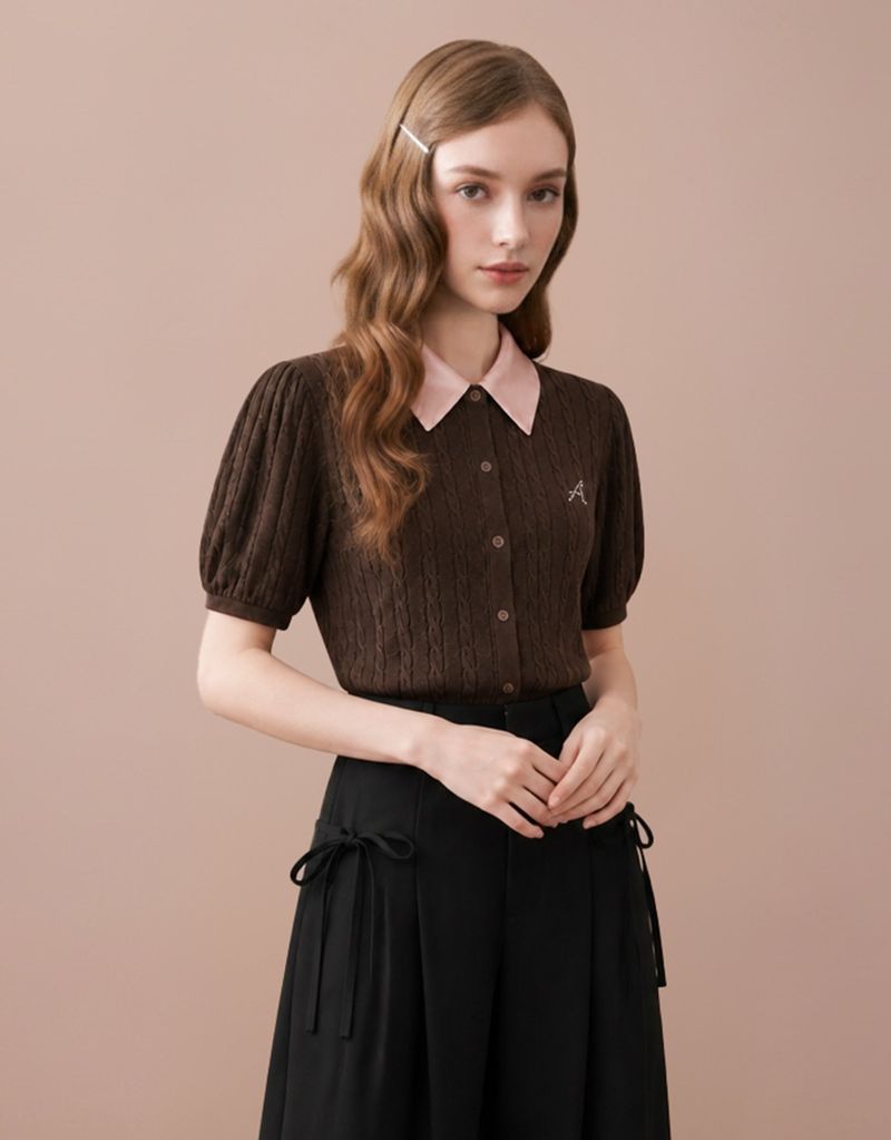 [PRE-FALL] エロディ シルク カラー ケーブル ニット ショートスリーブ カーディガン ブラウン