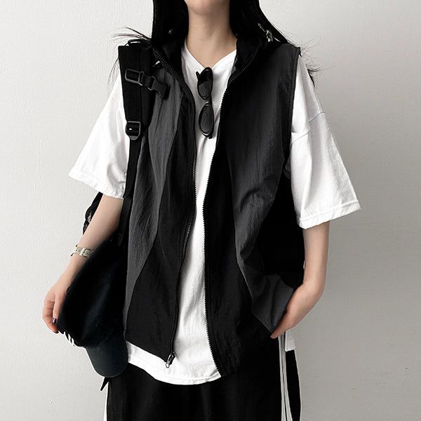 I-Nylon Coloring Hooded Vest Zip-Up