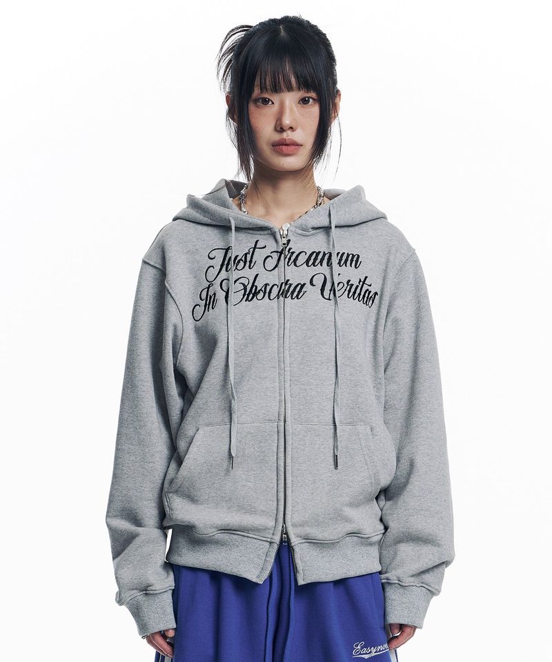 Lettering Embroidered Hoodie Zip-Up - Gray