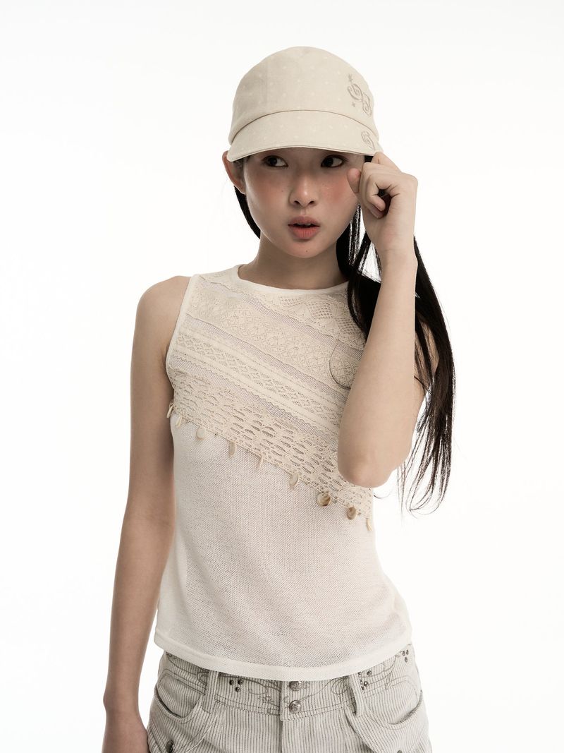 CONFUN Micro-Translucent Lace Ribbon Patchwork Sleeveless Top