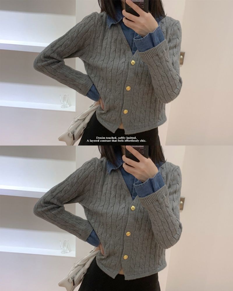 GUSTA（グスタ）の「Perry Denim-Layer Cable Knit Long Sleeve Cardigan（Tops）」