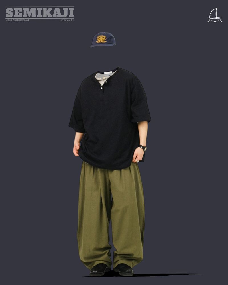 [SEMADE] Short Slub Henley Neck Over Sleeve 슬럽 헨리넥 티셔츠 (반팔)