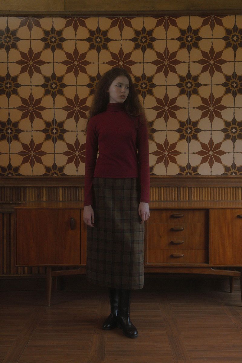 Falling long skirt_check brown