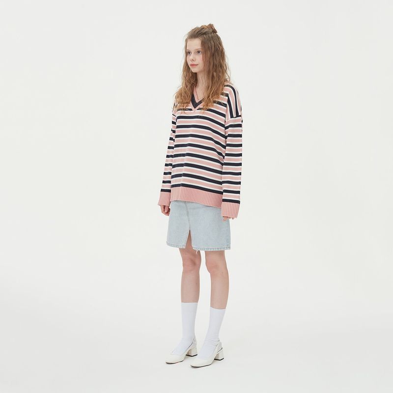 STRIPE V NECK KNIT_PINK