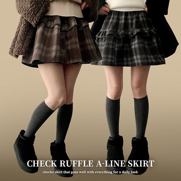 Elt 2-Layer Check Flared Banding Miniskirt