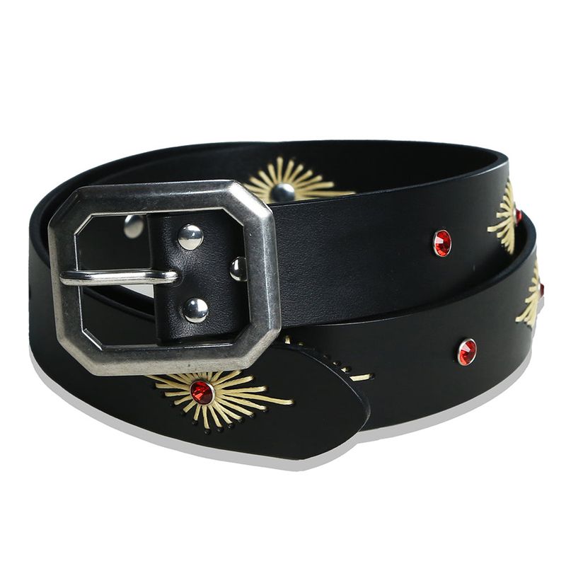 crystal stud & wax thread leather belt black