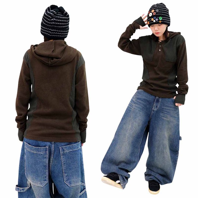 Colorblock Waffle Button Warmer Hoodie