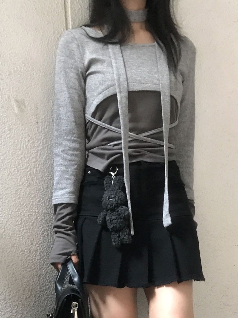 High-Waist Cutting Damage Pleated Skirt