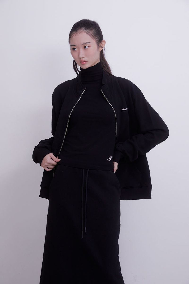 Lettering half neck two-way zip-up (BLACK)