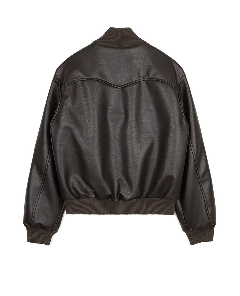 High Neck Leather Crop Jacket - Brown