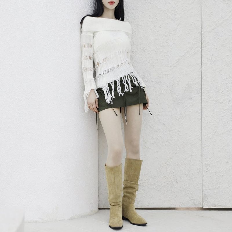 [NONCODE] Rumble Off-Shoulder Unbalanced Knitwear
