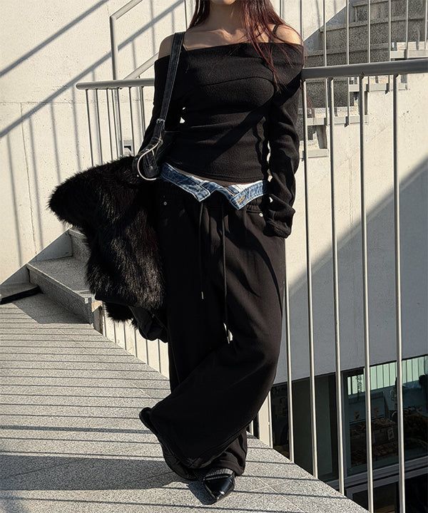Denim layered sweat pants(2color)